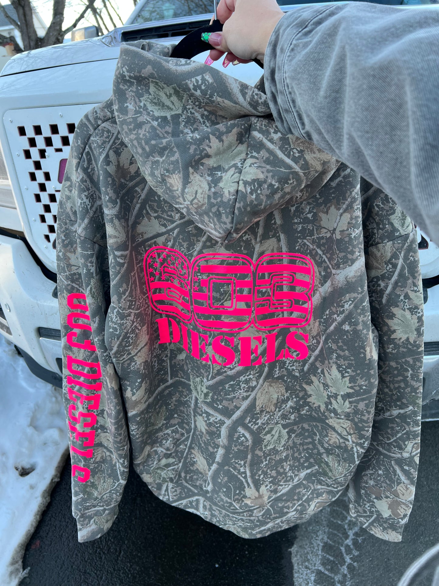 Camo Hoodie - Safety Pink Logo