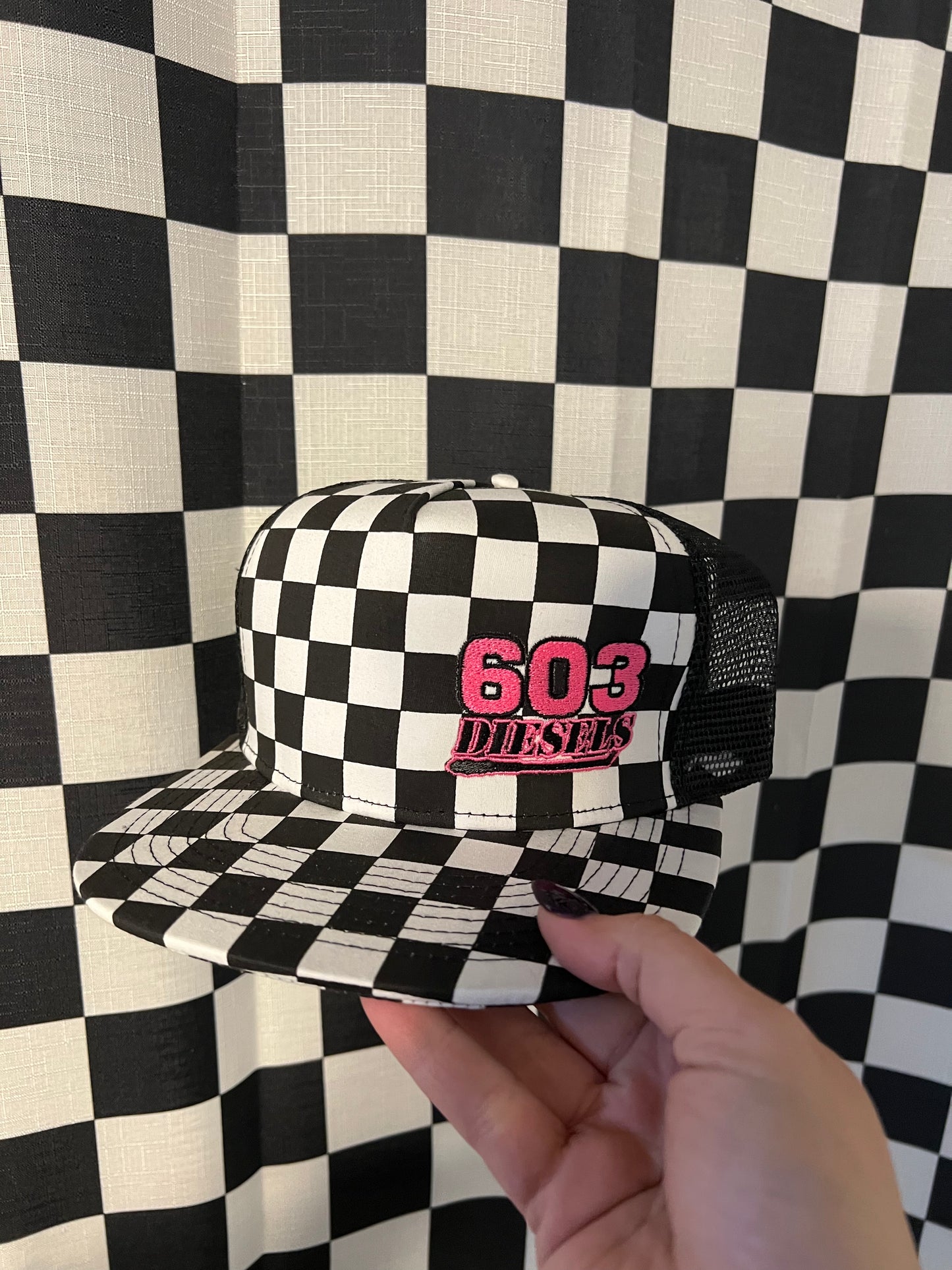 Checkered Flat Brim Embroidered Hat