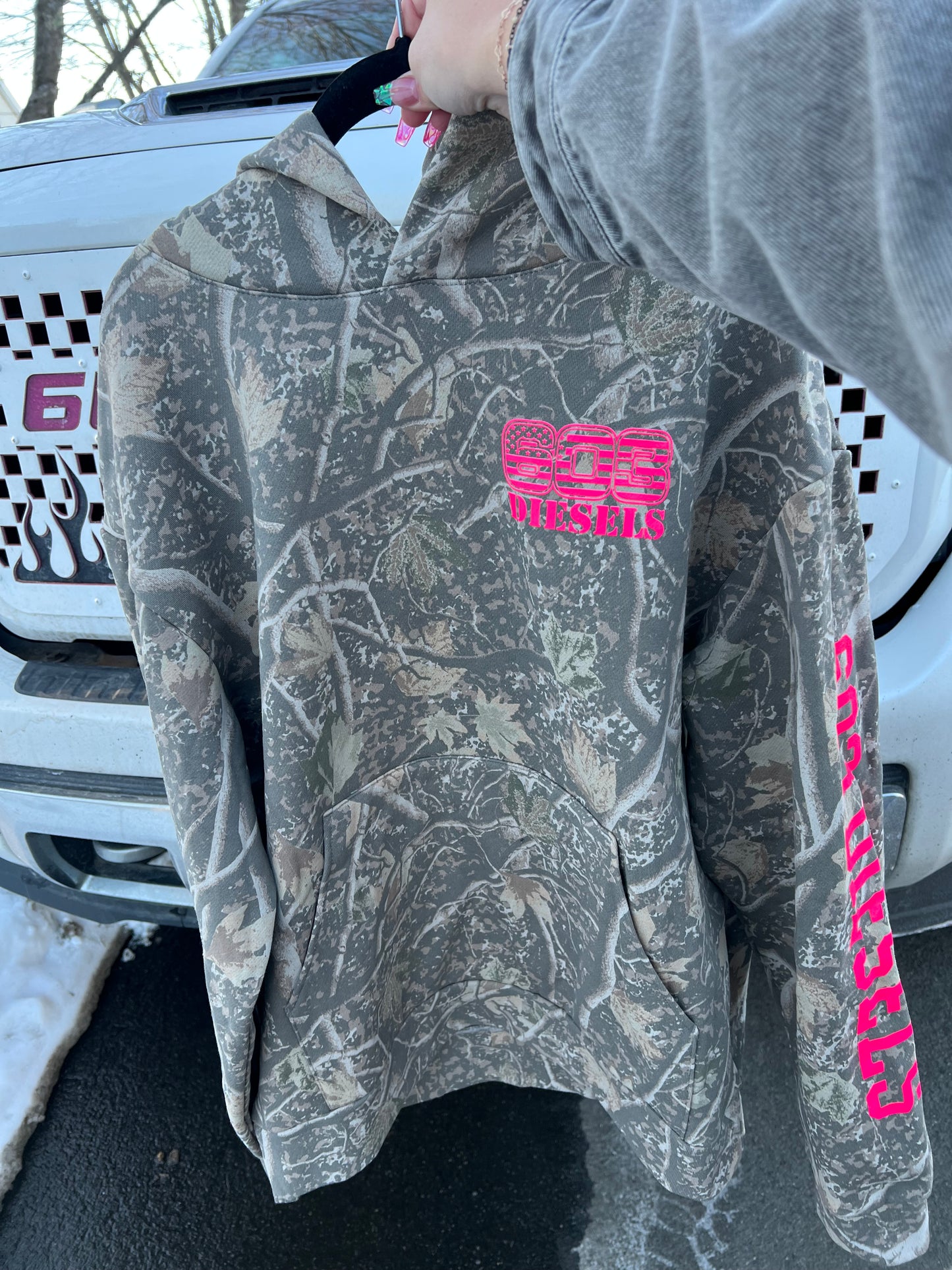 Camo Hoodie - Safety Pink Logo