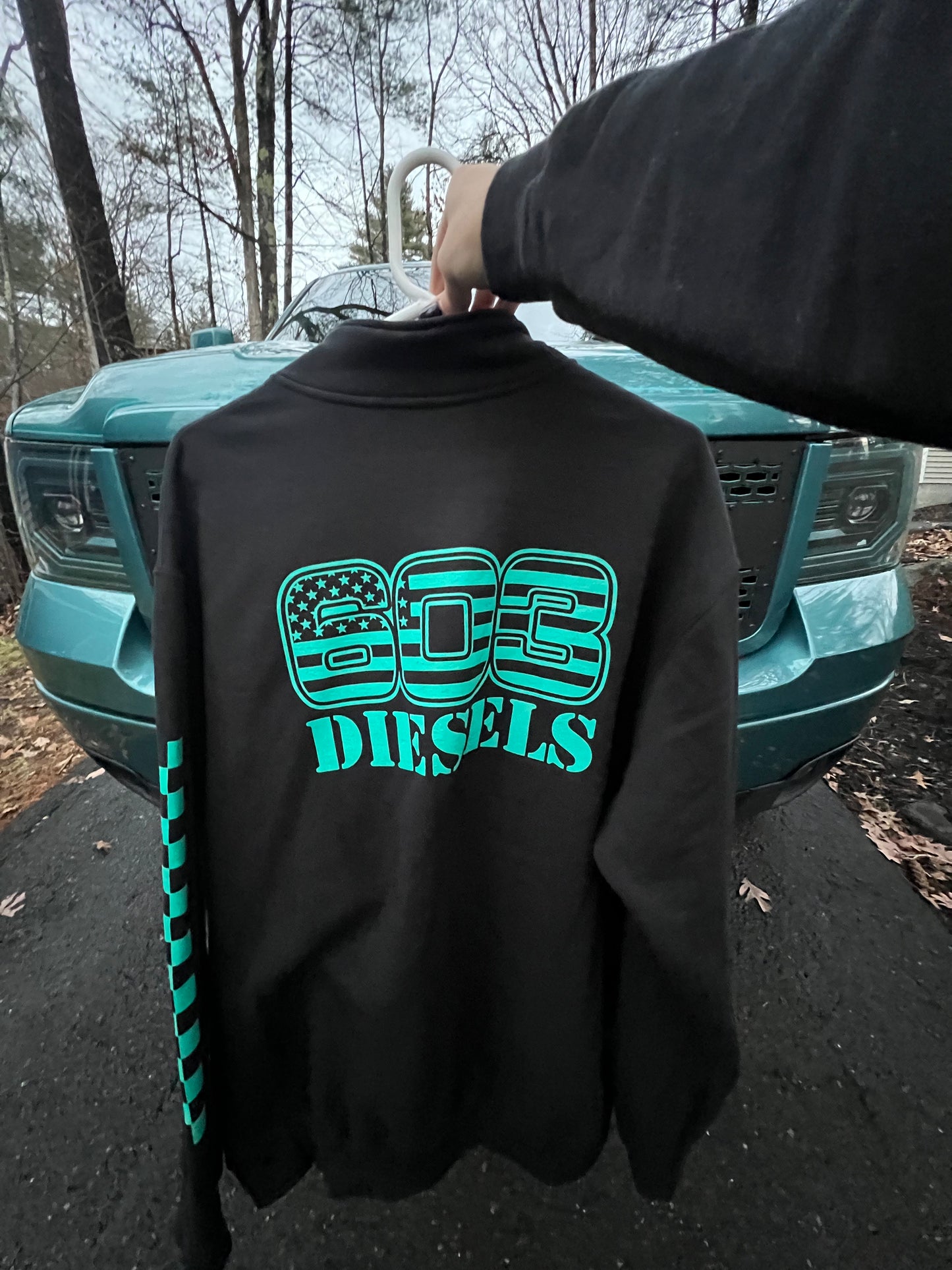 Teal Logo 1/4 Zip -  Checkered Sleeve