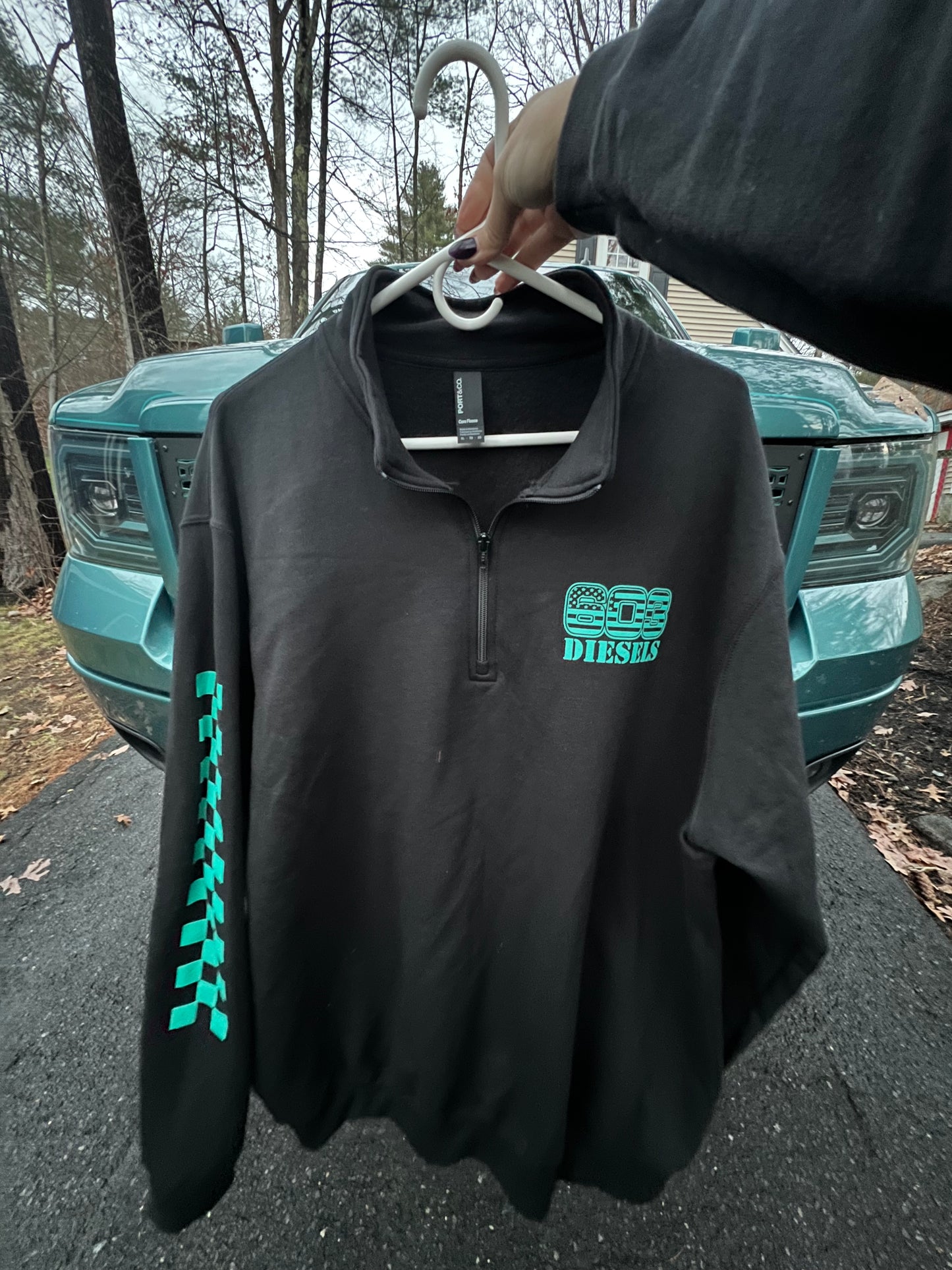 Teal Logo 1/4 Zip -  Checkered Sleeve